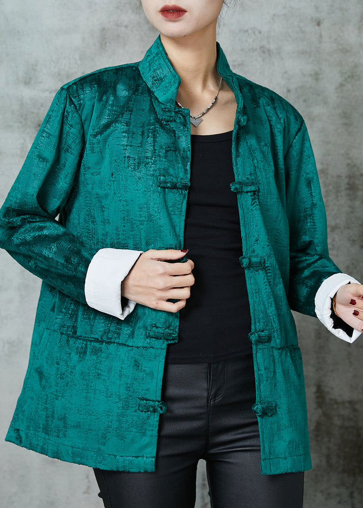 Vintage Peacock Green Stand Collar Chinese Button Cotton Coats Spring