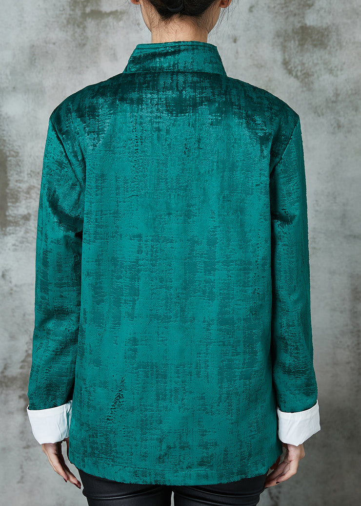 Vintage Peacock Green Stand Collar Chinese Button Cotton Coats Spring