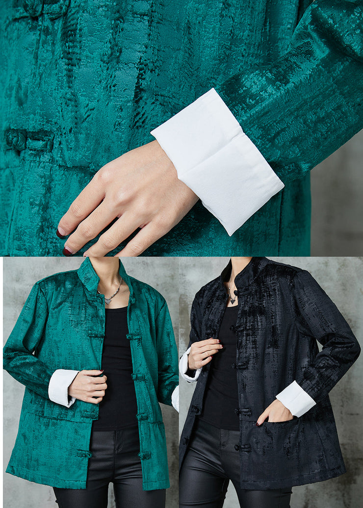 Vintage Peacock Green Stand Collar Chinese Button Cotton Coats Spring