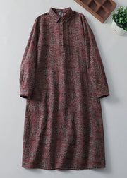Vintage Peter Pan Collar Print Pockets Cotton Shirts Dress Spring