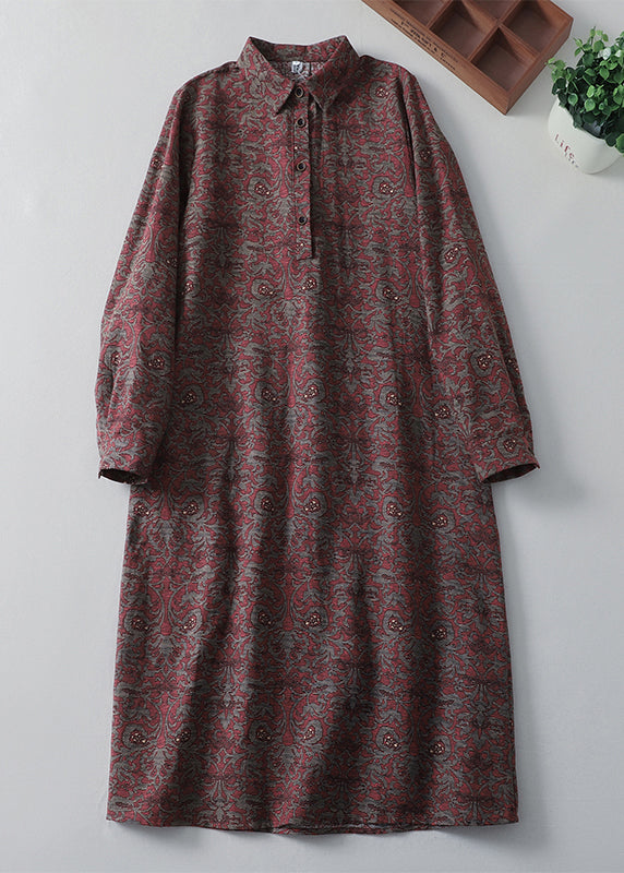 Vintage Peter Pan Collar Print Pockets Cotton Shirts Dress Spring