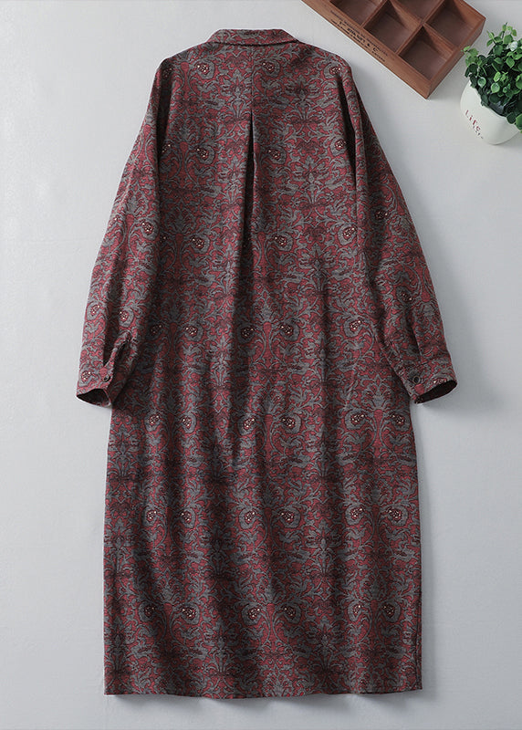 Vintage Peter Pan Collar Print Pockets Cotton Shirts Dress Spring