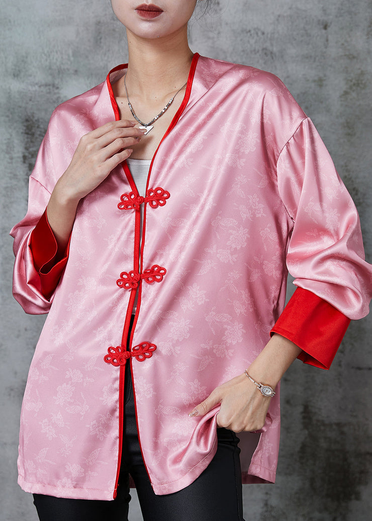 Vintage Pink Chinese Button Print Silk Blouse Tops Spring