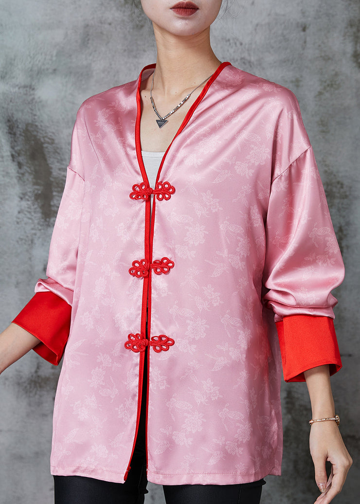Vintage Pink Chinese Button Print Silk Blouse Tops Spring