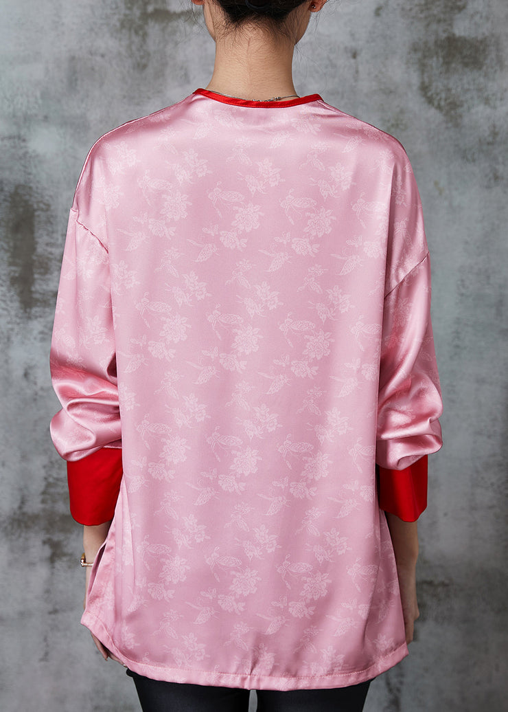 Vintage Pink Chinese Button Print Silk Blouse Tops Spring