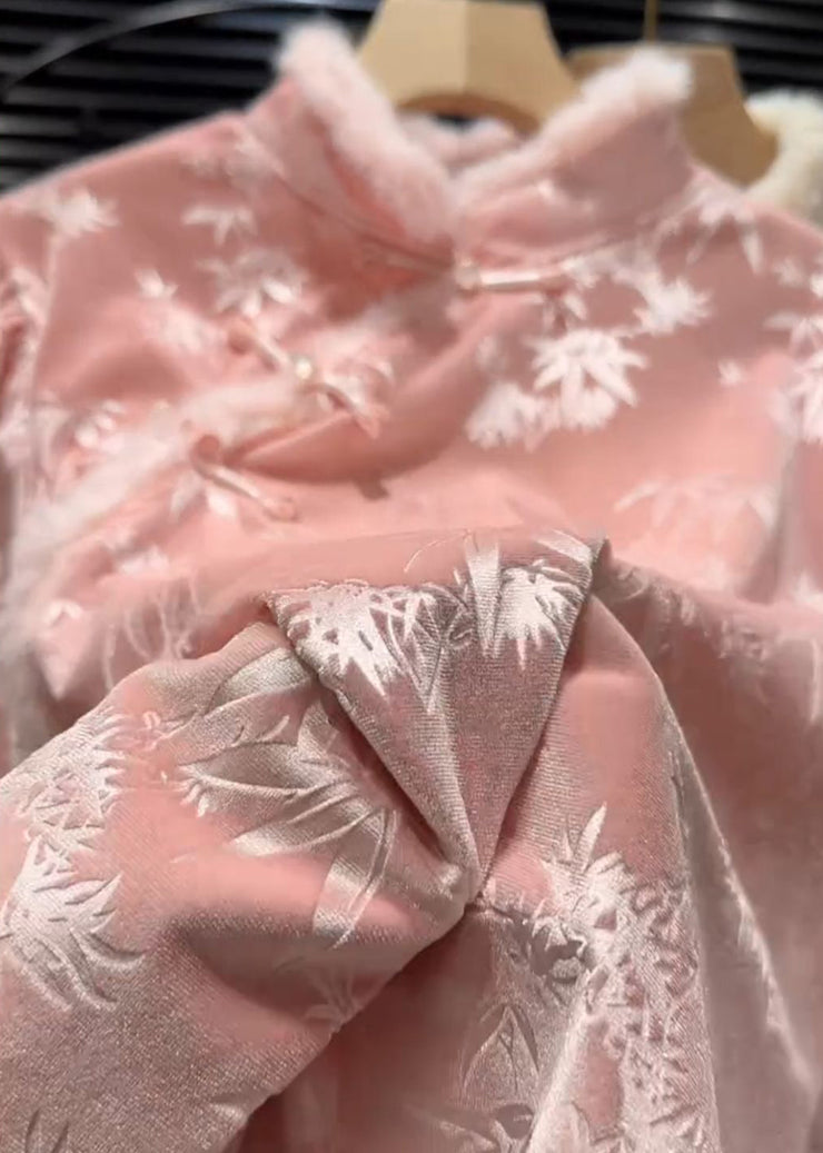 Vintage Pink Jacquard Silk Velour Shirt Top Winter