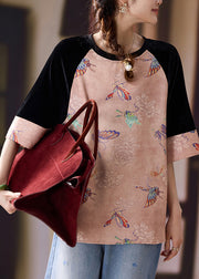 Vintage Pink Patchwork Cotton Oriental Tanks Butterfly Print Half Sleeve