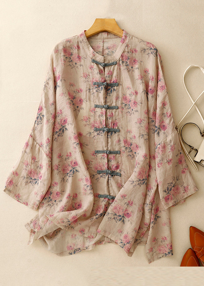 Vintage Pink Print Chinese Button Linen Shirts Spring