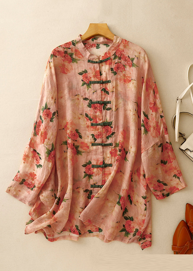 Vintage Pink Print Chinese Button Linen Shirts Spring