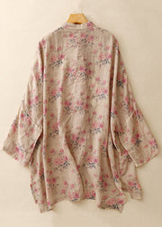 Vintage Pink Print Chinese Button Linen Shirts Spring