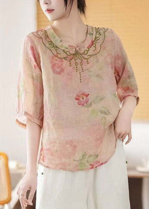 Vintage Pink Print Chinese Style Linen Top Summer
