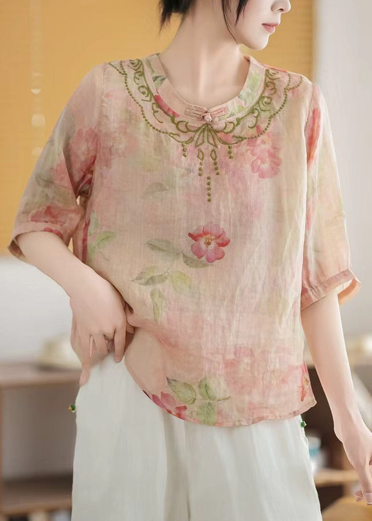 Vintage Pink Print Chinese Style Linen Top Summer