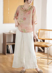 Vintage Pink Print Chinese Style Linen Top Summer