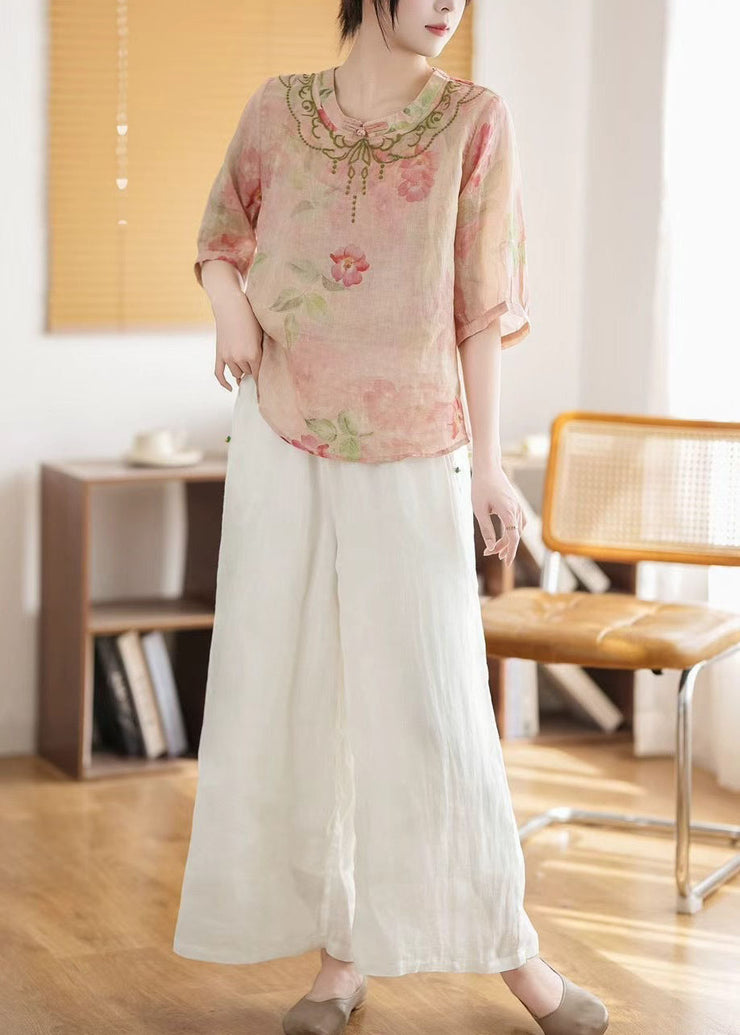 Vintage Pink Print Chinese Style Linen Top Summer