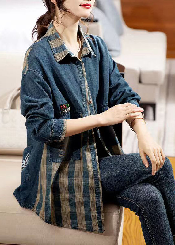 diy Blue Plaid Peter Pan Collar Button Pockets Fall Long sleeve Blouse Dresses main image 0