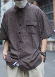 Vintage Plaid Peter Pan Collar Pockets Cotton Men Shirts Summer