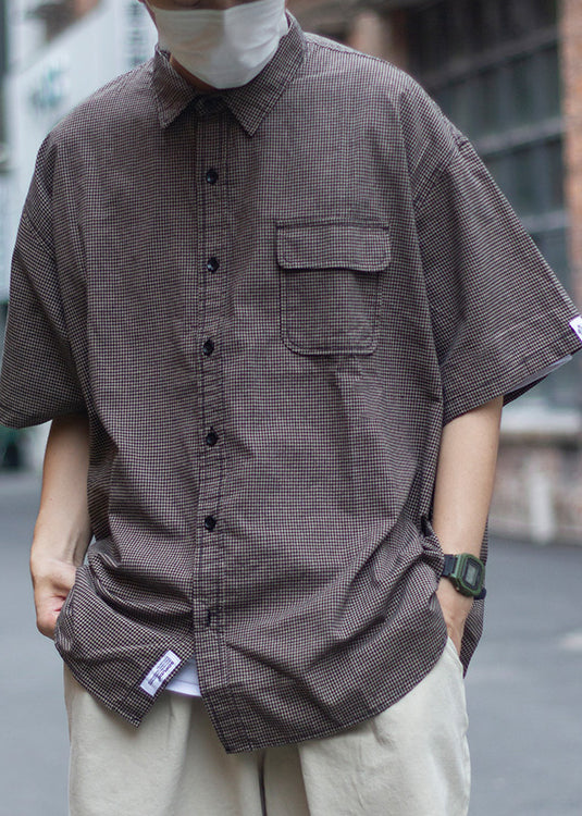 Vintage Plaid Peter Pan Collar Pockets Cotton Men Shirts Summer