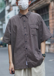 Vintage Plaid Peter Pan Collar Pockets Cotton Men Shirts Summer