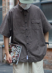 Vintage Plaid Peter Pan Collar Pockets Cotton Men Shirts Summer