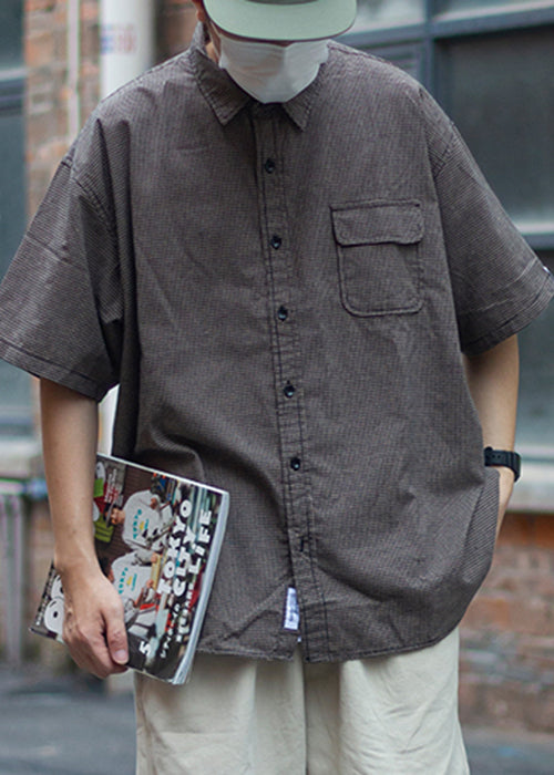 Vintage Plaid Peter Pan Collar Pockets Cotton Men Shirts Summer