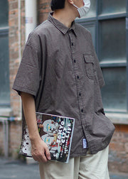 Vintage Plaid Peter Pan Collar Pockets Cotton Men Shirts Summer