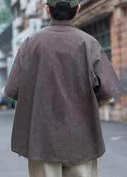 Vintage Plaid Peter Pan Collar Pockets Cotton Men Shirts Summer