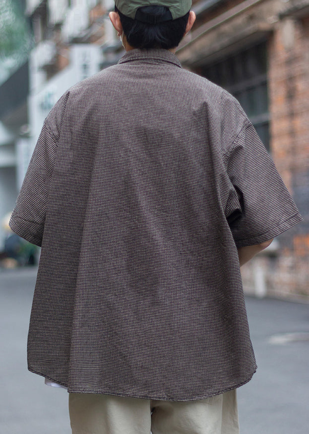 Vintage Plaid Peter Pan Collar Pockets Cotton Men Shirts Summer