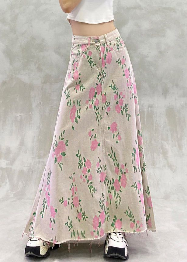 Vintage Print Pockets High Waist Denim Skirt Summer