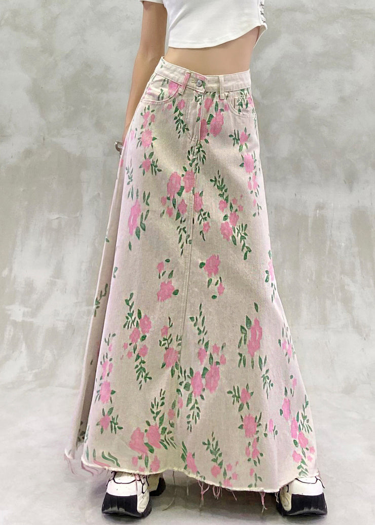 Vintage Print Pockets High Waist Denim Skirt Summer