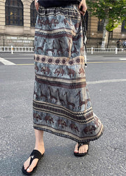Vintage Print Side Open Elastic Waist Cotton Skirt Summer