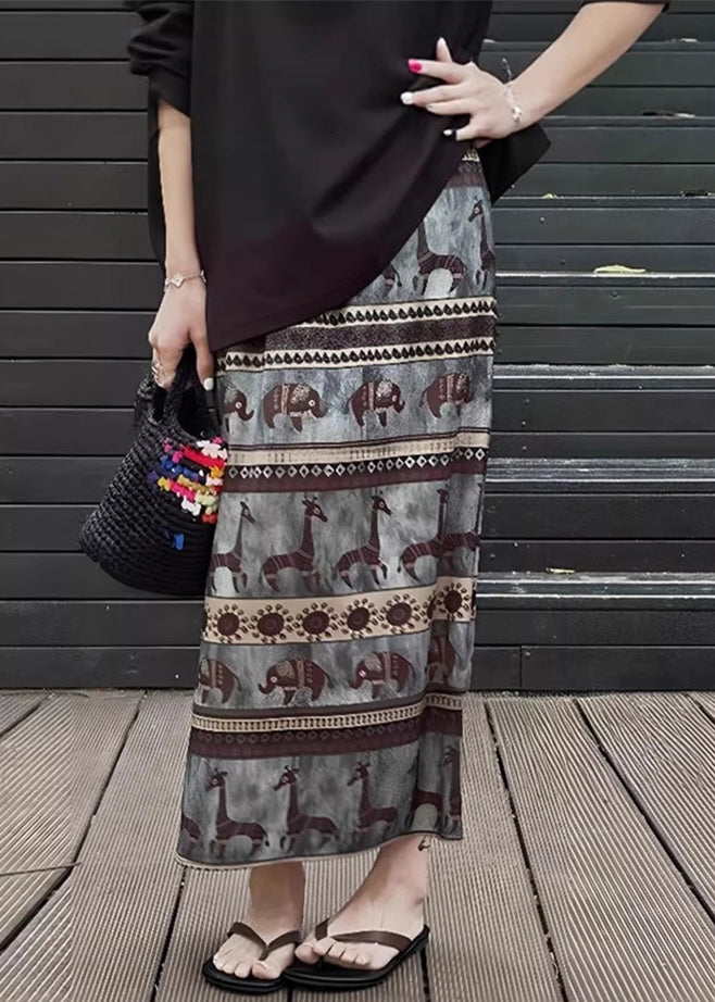 Vintage Print Side Open Elastic Waist Cotton Skirt Summer