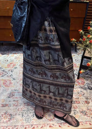 Vintage Print Side Open Elastic Waist Cotton Skirt Summer
