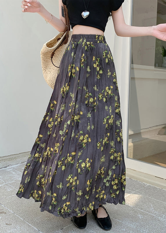 Vintage Print Wrinkled Elastic Waist Cotton Skirt Fall