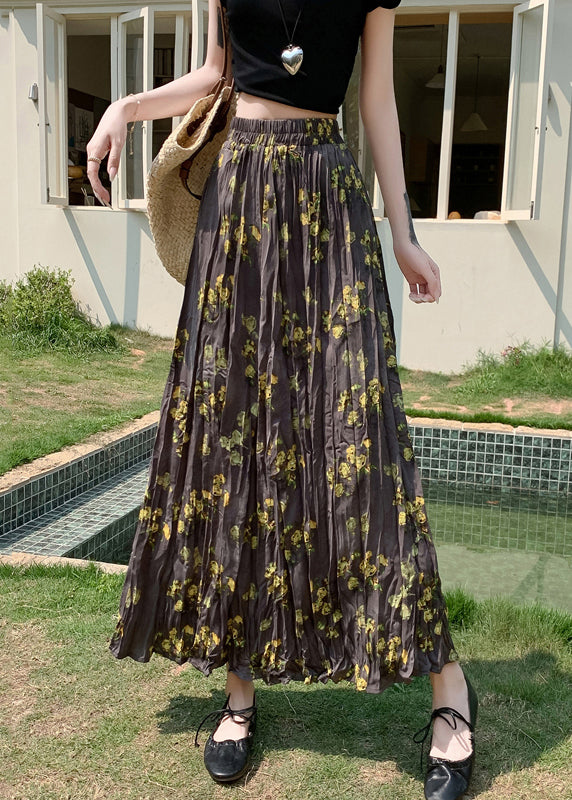 Vintage Print Wrinkled Elastic Waist Cotton Skirt Fall