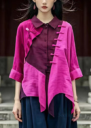 Vintage Purple Asymmetrical Patchwork Linen Shirt Top Summer