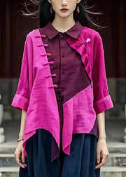 Vintage Purple Asymmetrical Patchwork Linen Shirt Top Summer