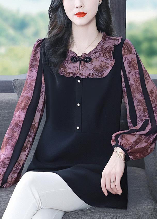 Vintage Purple Chinese Button Patchwork Spandex Fake Two Piece Tops Fall
