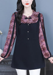Vintage Purple Chinese Button Patchwork Spandex Fake Two Piece Tops Fall
