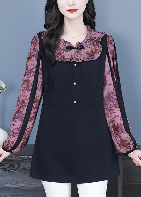 Vintage Purple Chinese Button Patchwork Spandex Fake Two Piece Tops Fall