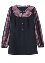 Vintage Purple Chinese Button Patchwork Spandex Fake Two Piece Tops Fall