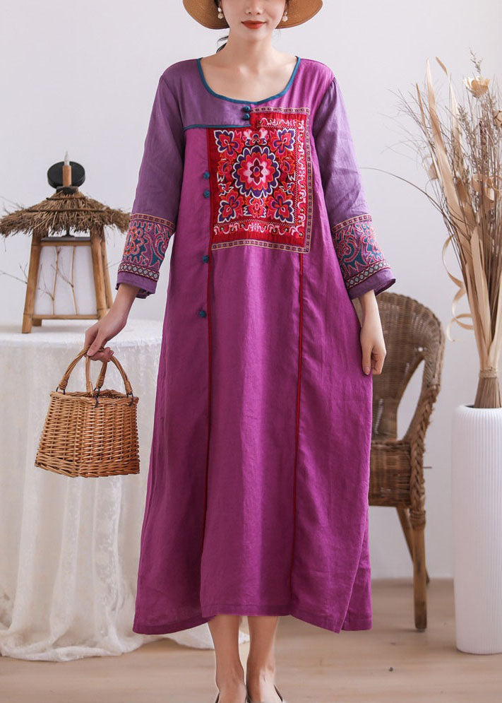 Natural blue prints linen dresses Chinese Button Robe summer Dress main image 1