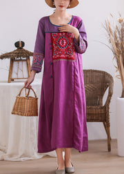 Purple Patchwork Linen Dress V Neck Embroideried Wrinkled Summer main image 0