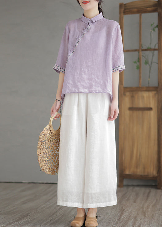 Vintage Purple Embroideried Linen Shirt Half Sleeve