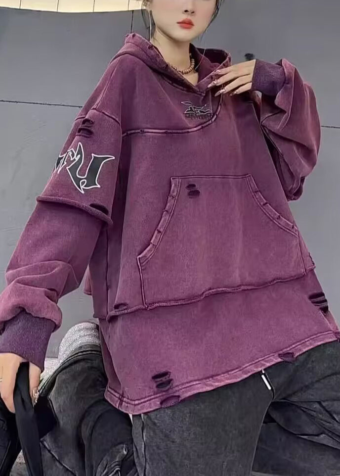 Vintage Purple Hooded Hole Pockets Cotton Sweatshirts Spring
