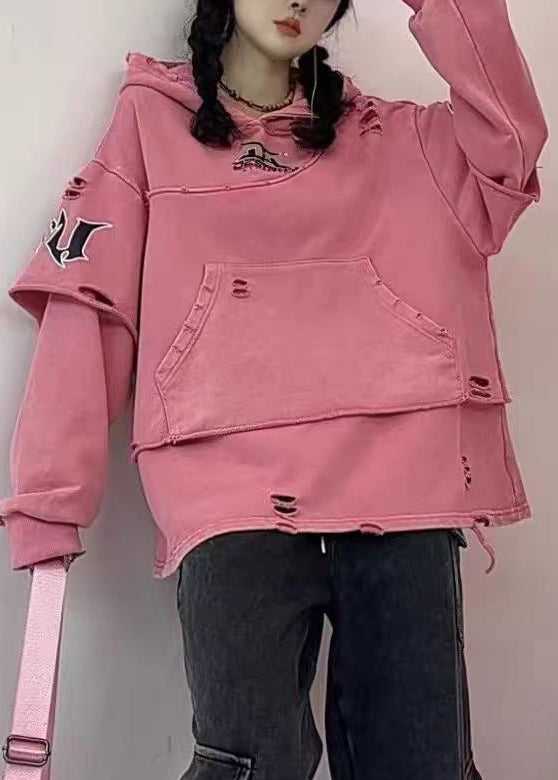 Vintage Purple Hooded Hole Pockets Cotton Sweatshirts Spring