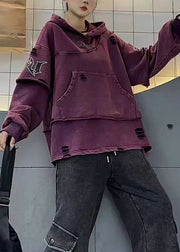 Vintage Purple Hooded Hole Pockets Cotton Sweatshirts Spring