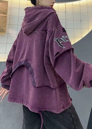 Vintage Purple Hooded Hole Pockets Cotton Sweatshirts Spring