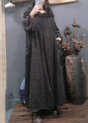 Vintage Purple Hooded Pockets Solid Linen Long Dress Spring