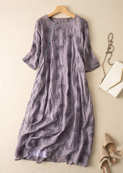 Vintage Purple O-Neck Embroideried Patchwork Linen Dress Summer
