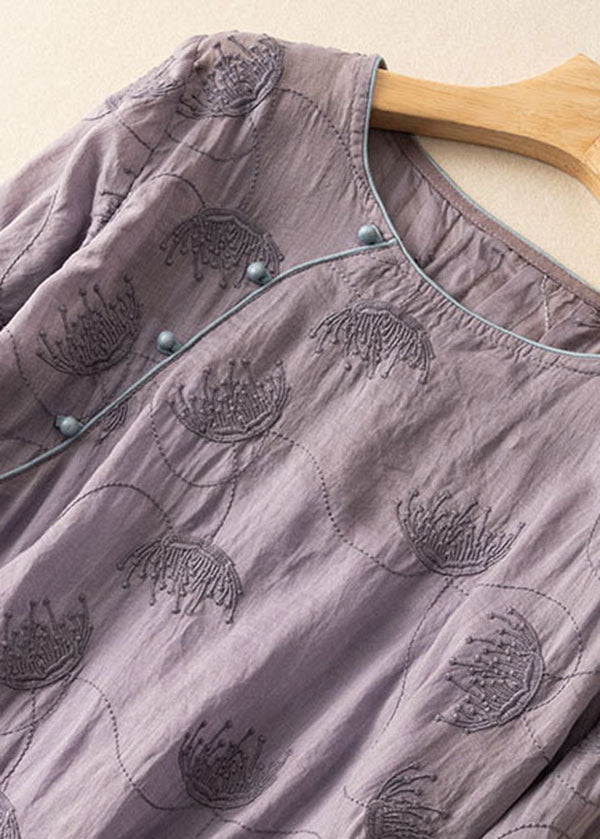 Vintage Purple O-Neck Embroideried Patchwork Linen Dress Summer